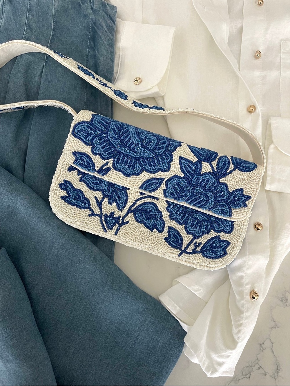 White Beaded Shoulder Bag with Blue Floral Design - Picture 5 of 5